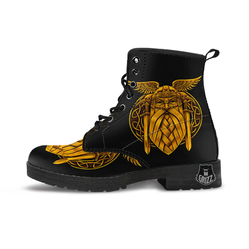 Odin God And Crow Gold Viking Print Leather Boots-grizzshop