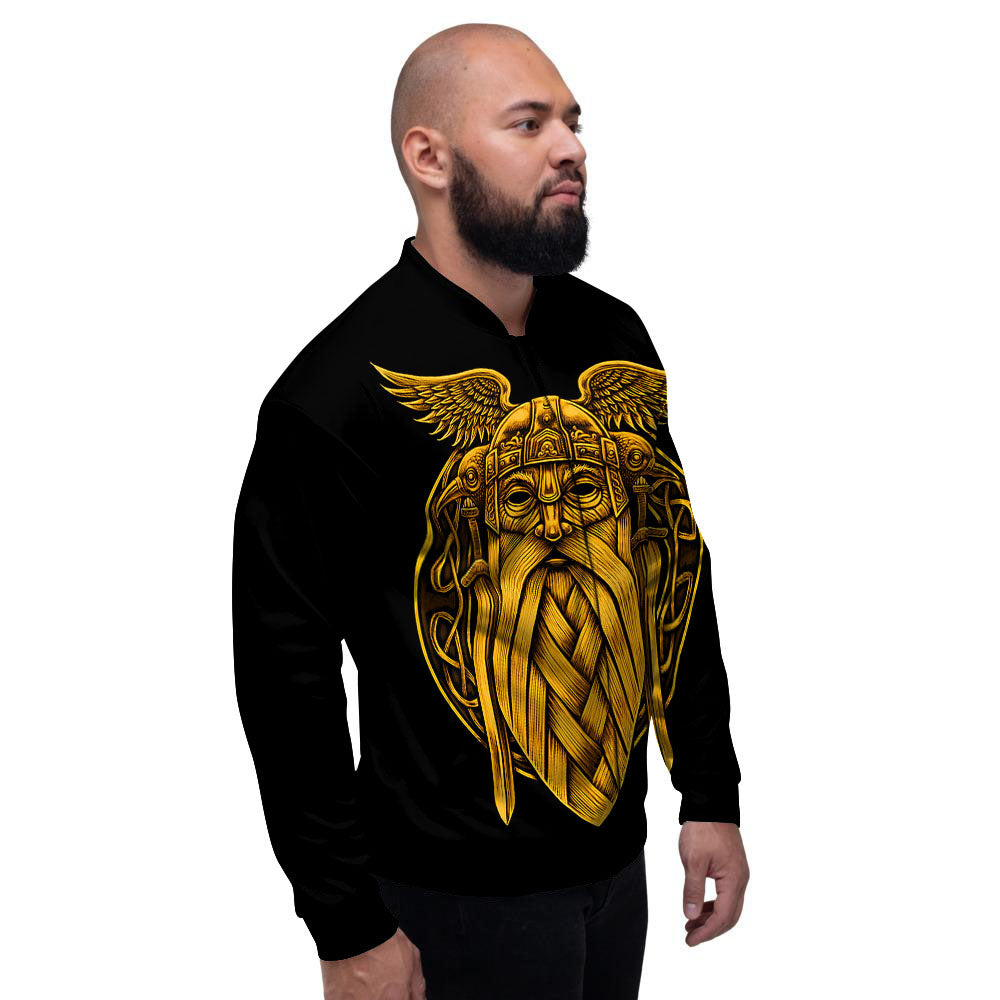 Odin God And Crow Gold Viking Print Men's Bomber Jacket-grizzshop