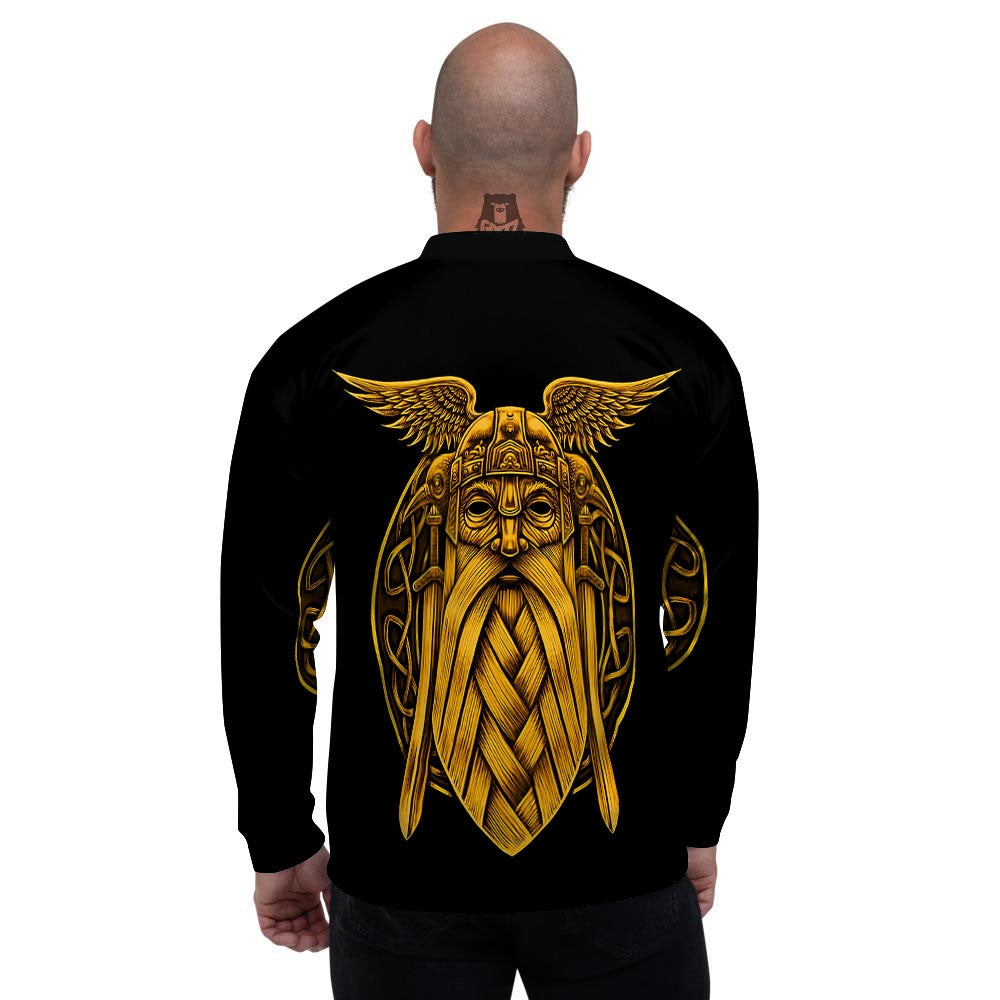 Odin God And Crow Gold Viking Print Men's Bomber Jacket-grizzshop