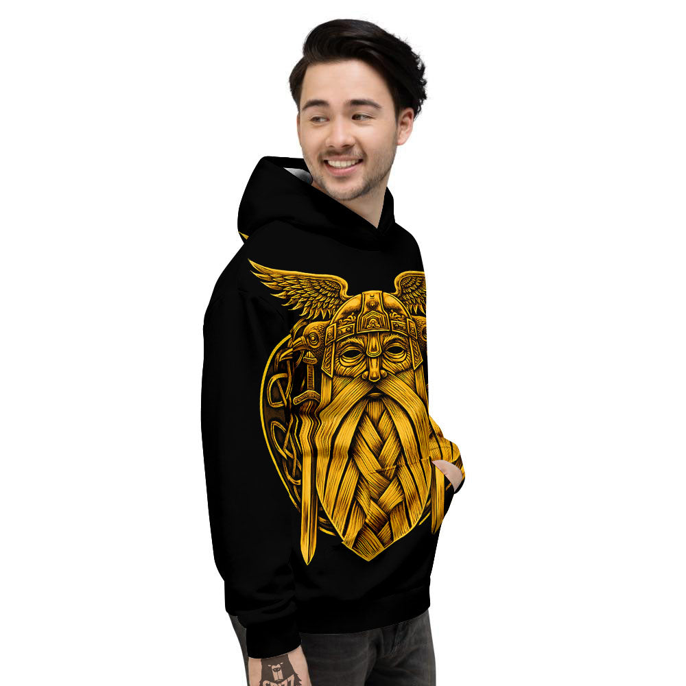 Odin God And Crow Gold Viking Print Men's Hoodie-grizzshop