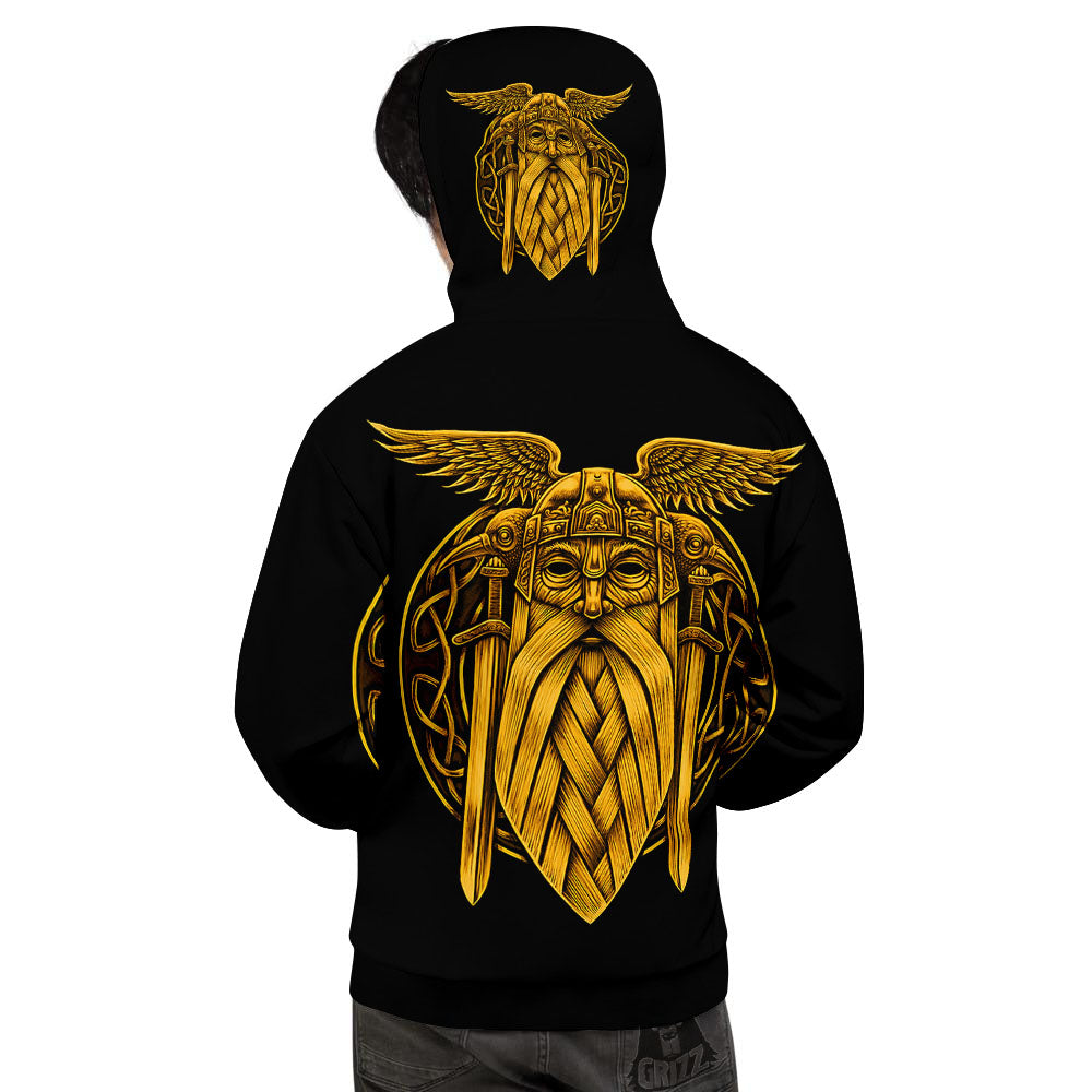 Odin God And Crow Gold Viking Print Men's Hoodie-grizzshop