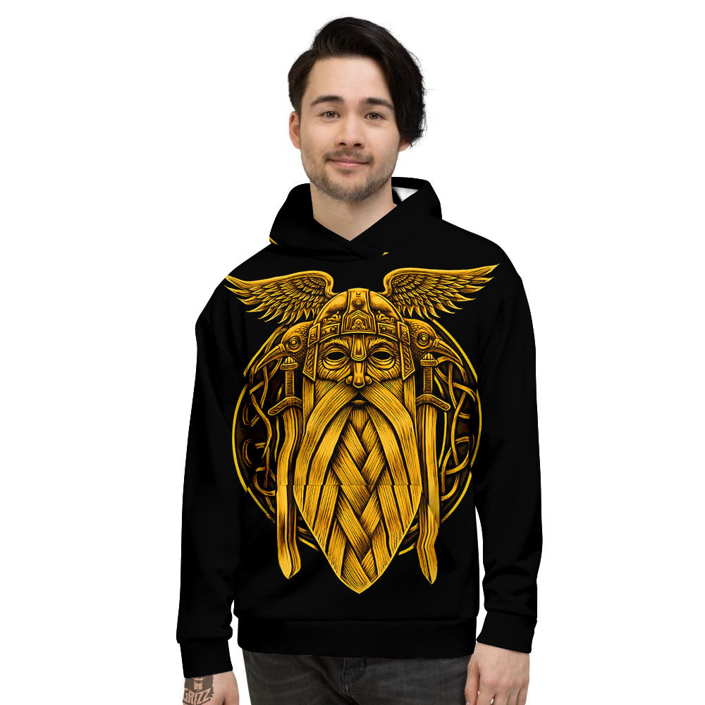 Odin God And Crow Gold Viking Print Men's Hoodie-grizzshop