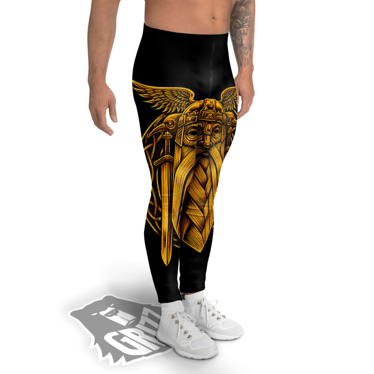 Odin God And Crow Gold Viking Print Men's Leggings-grizzshop
