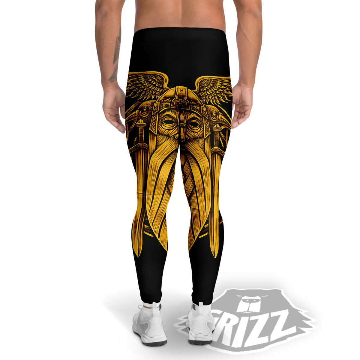 Odin God And Crow Gold Viking Print Men's Leggings-grizzshop