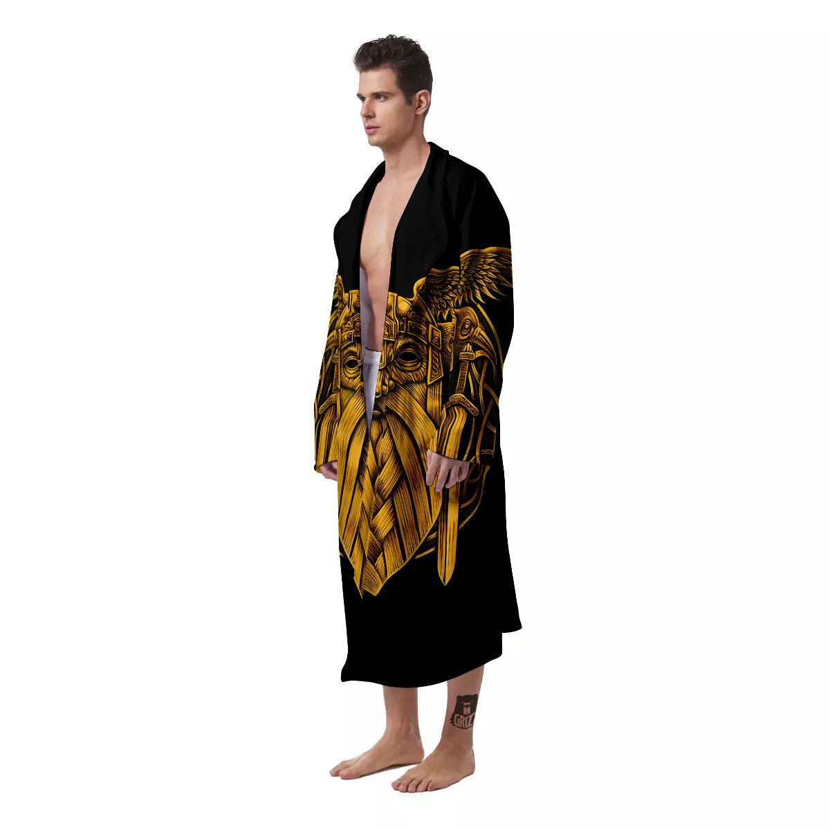 Odin God And Crow Gold Viking Print Men's Robe-grizzshop