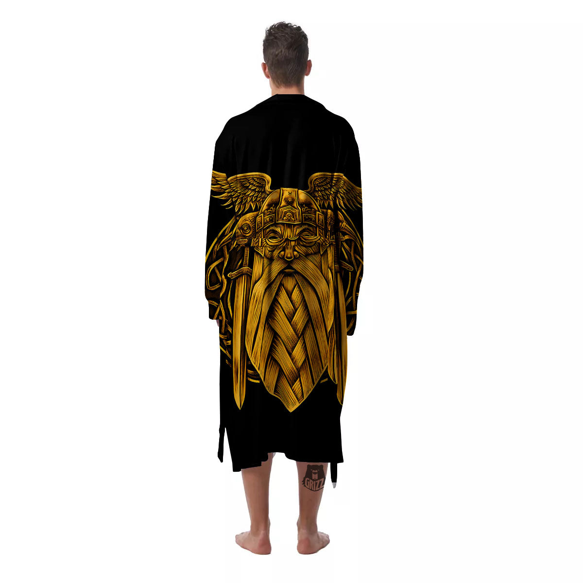 Odin God And Crow Gold Viking Print Men's Robe-grizzshop