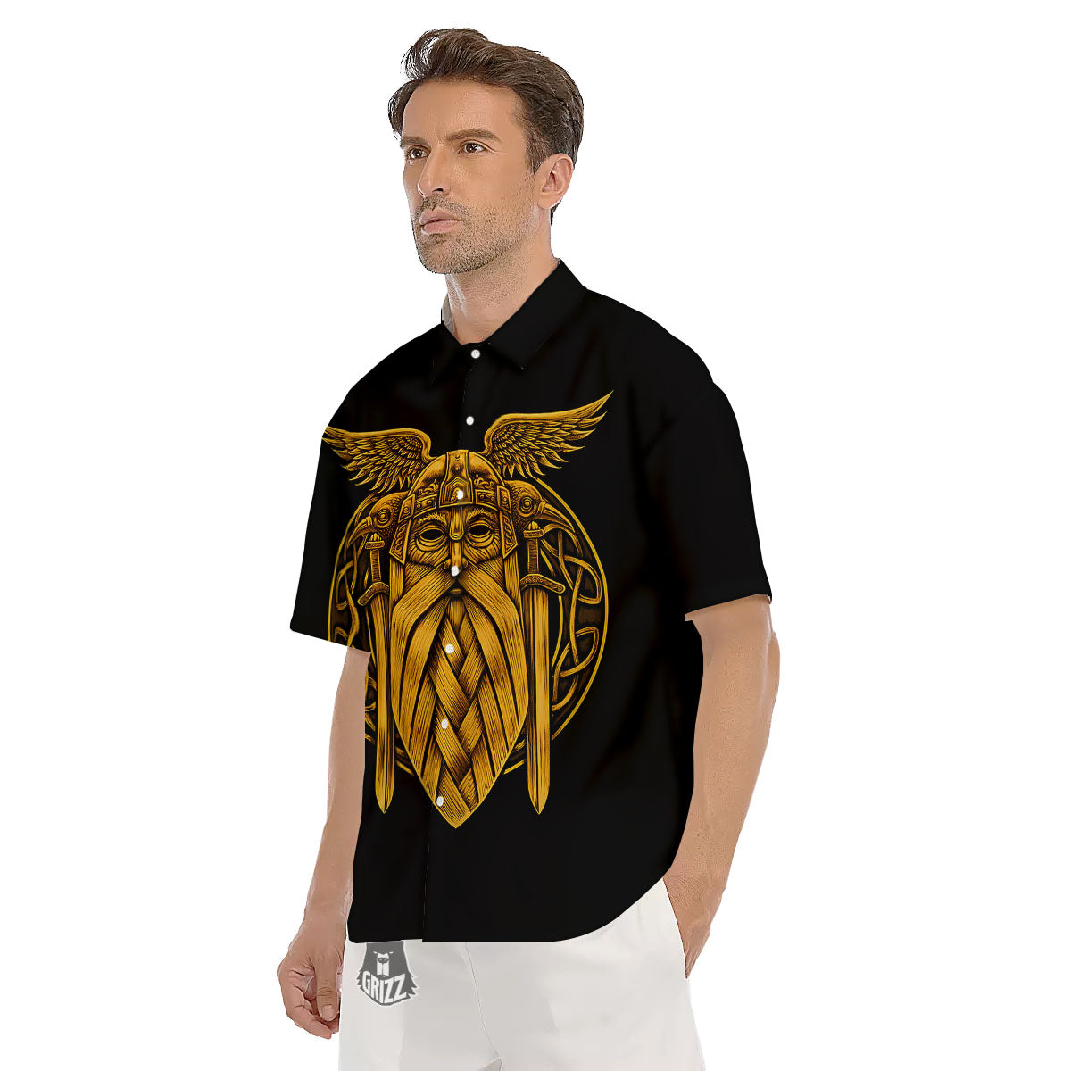 Odin God And Crow Gold Viking Print Men's Short Sleeve Shirts-grizzshop