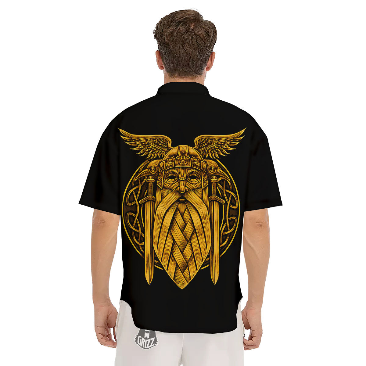 Odin God And Crow Gold Viking Print Men's Short Sleeve Shirts-grizzshop