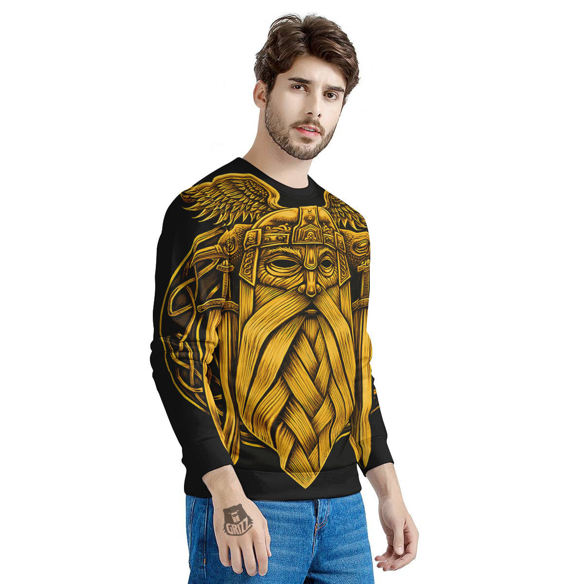 Odin God And Crow Gold Viking Print Men's Sweatshirt-grizzshop