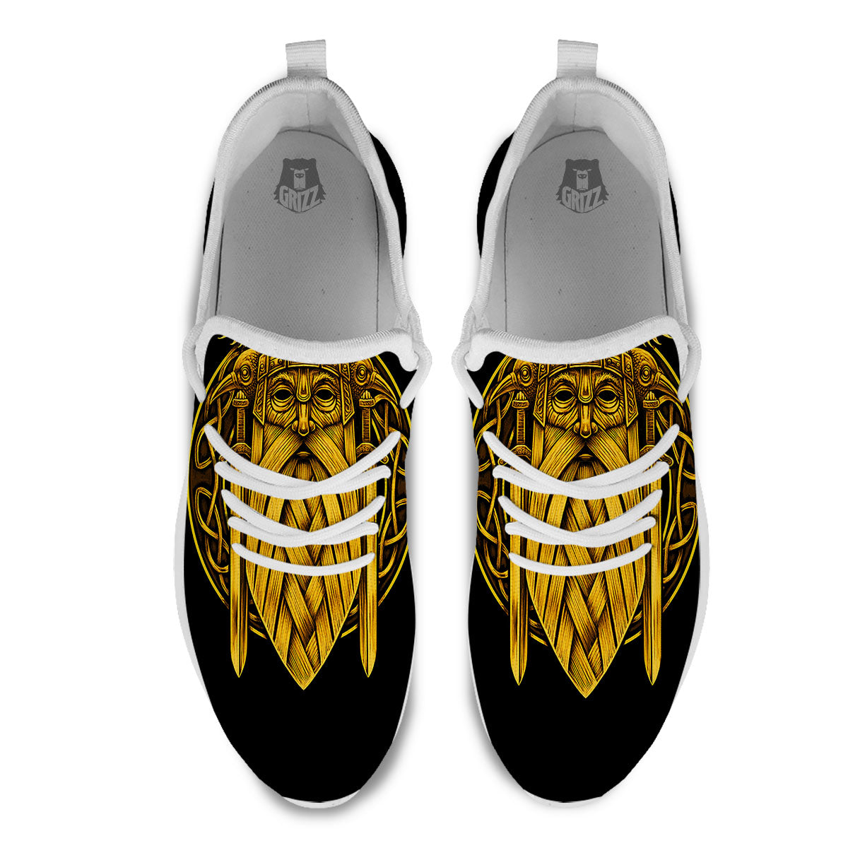 Odin God And Crow Gold Viking Print White Athletic Shoes-grizzshop