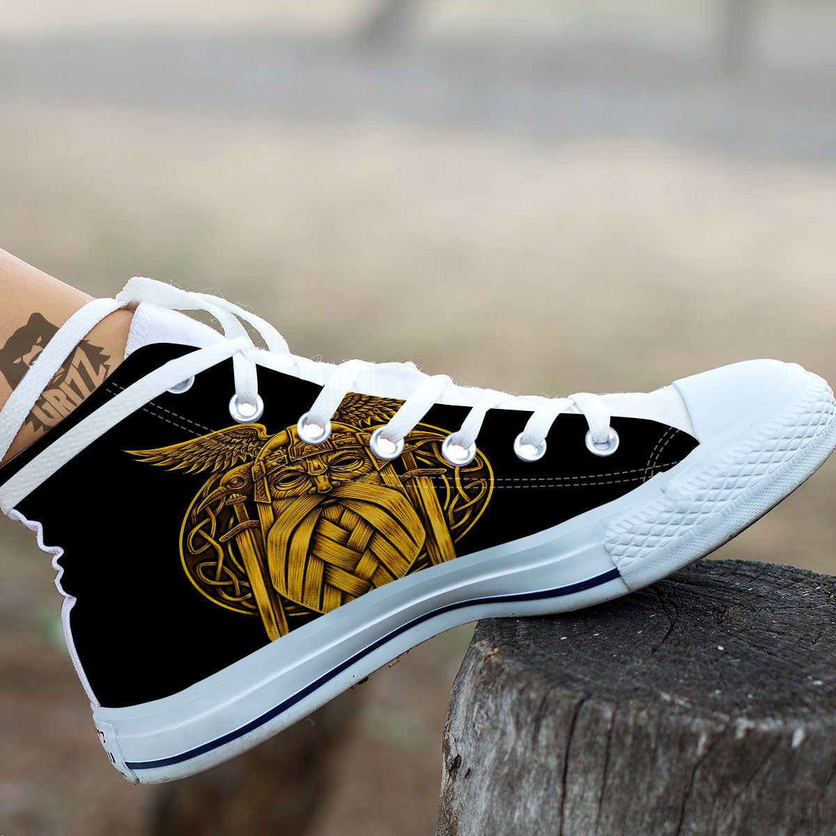 Odin God And Crow Gold Viking Print White High Top Shoes-grizzshop