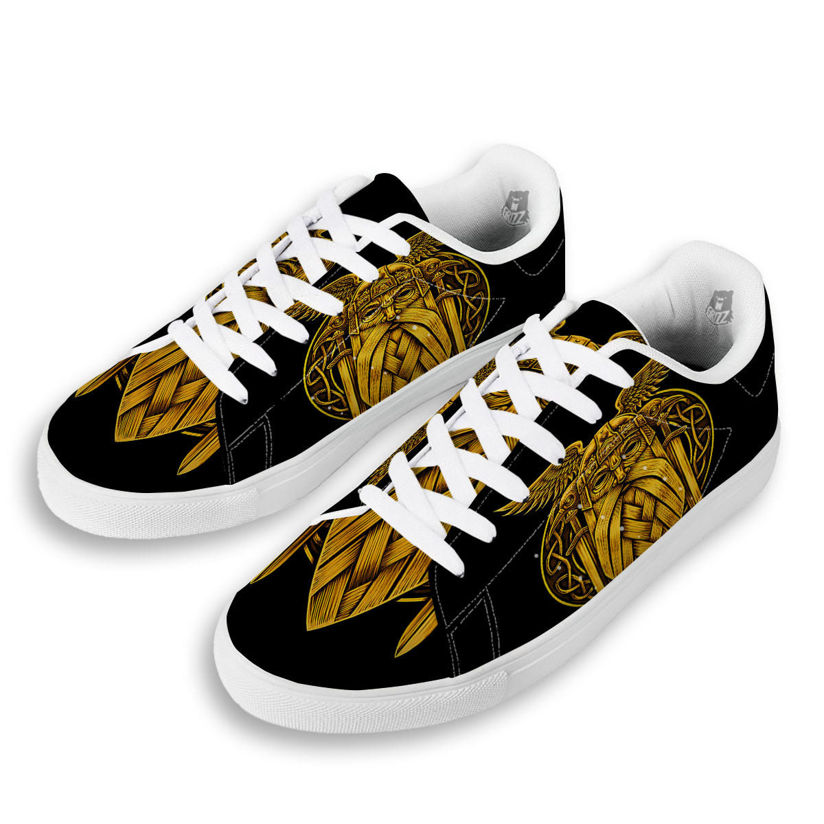 Odin God And Crow Gold Viking Print White Low Top Sneakers-grizzshop