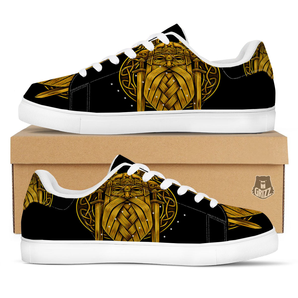 Odin God And Crow Gold Viking Print White Low Top Sneakers-grizzshop