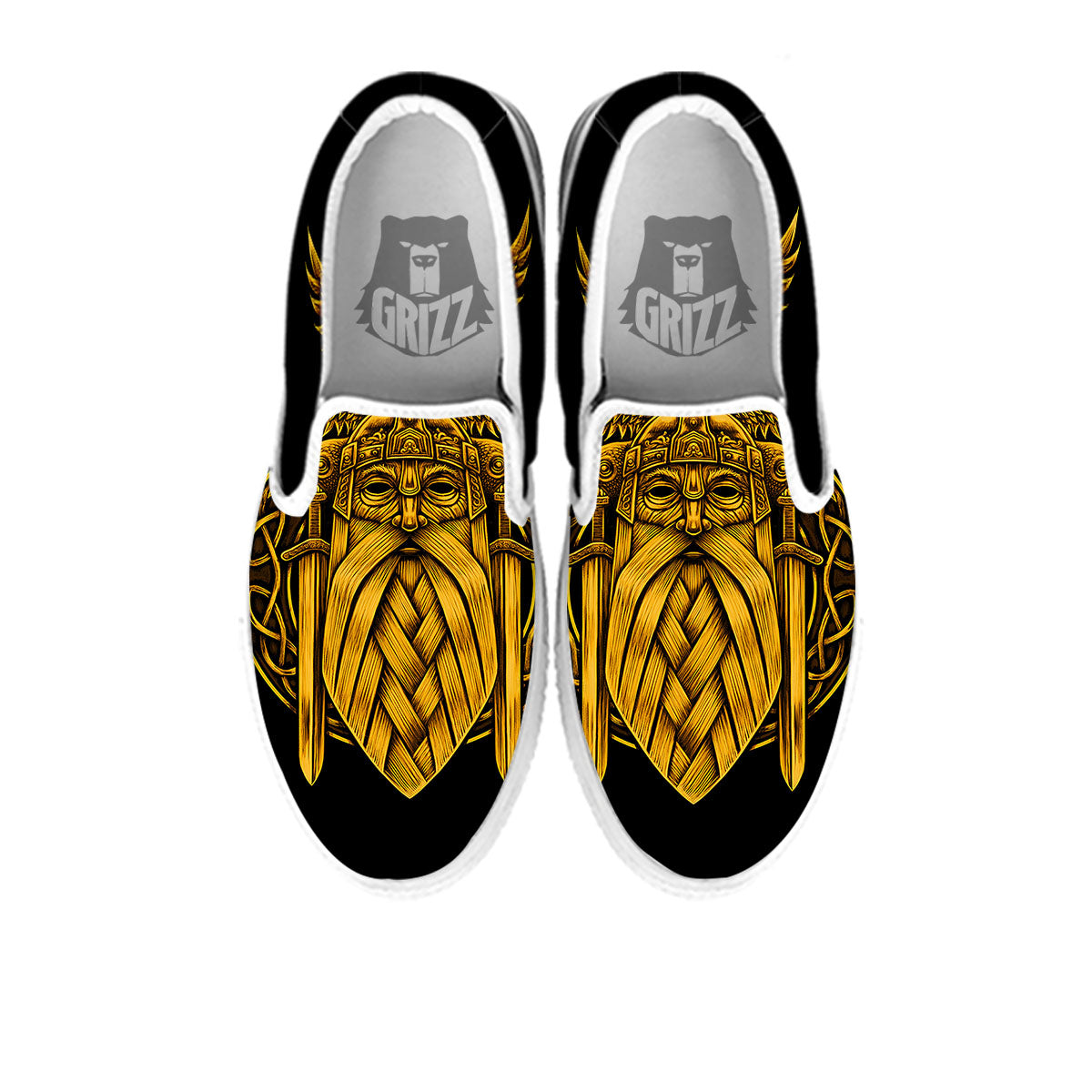 Odin God And Crow Gold Viking Print White Slip On Shoes-grizzshop