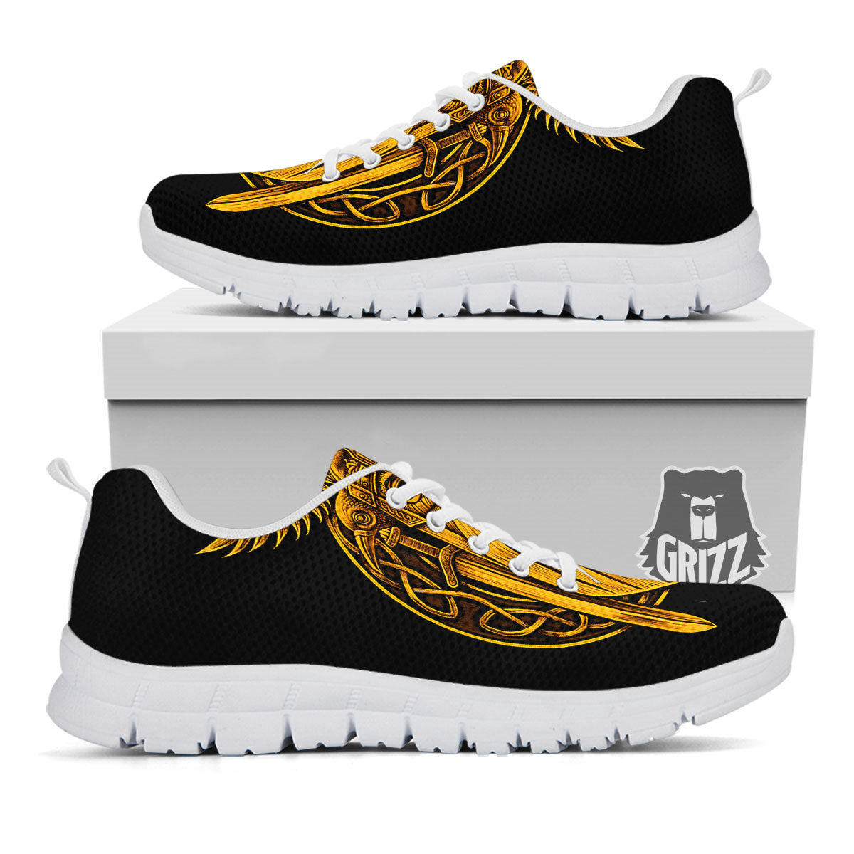 Odin God And Crow Gold Viking Print White Sneaker-grizzshop