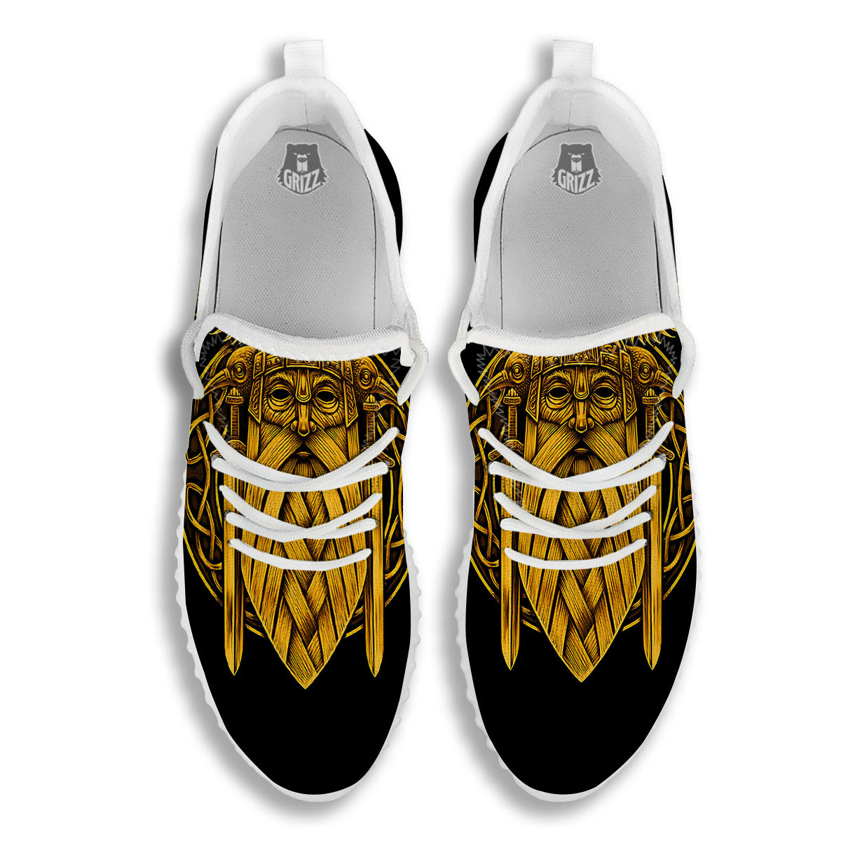 Odin God And Crow Gold Viking Print White Walking Shoes-grizzshop