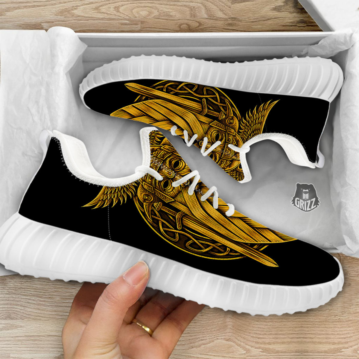 Odin God And Crow Gold Viking Print White Walking Shoes-grizzshop