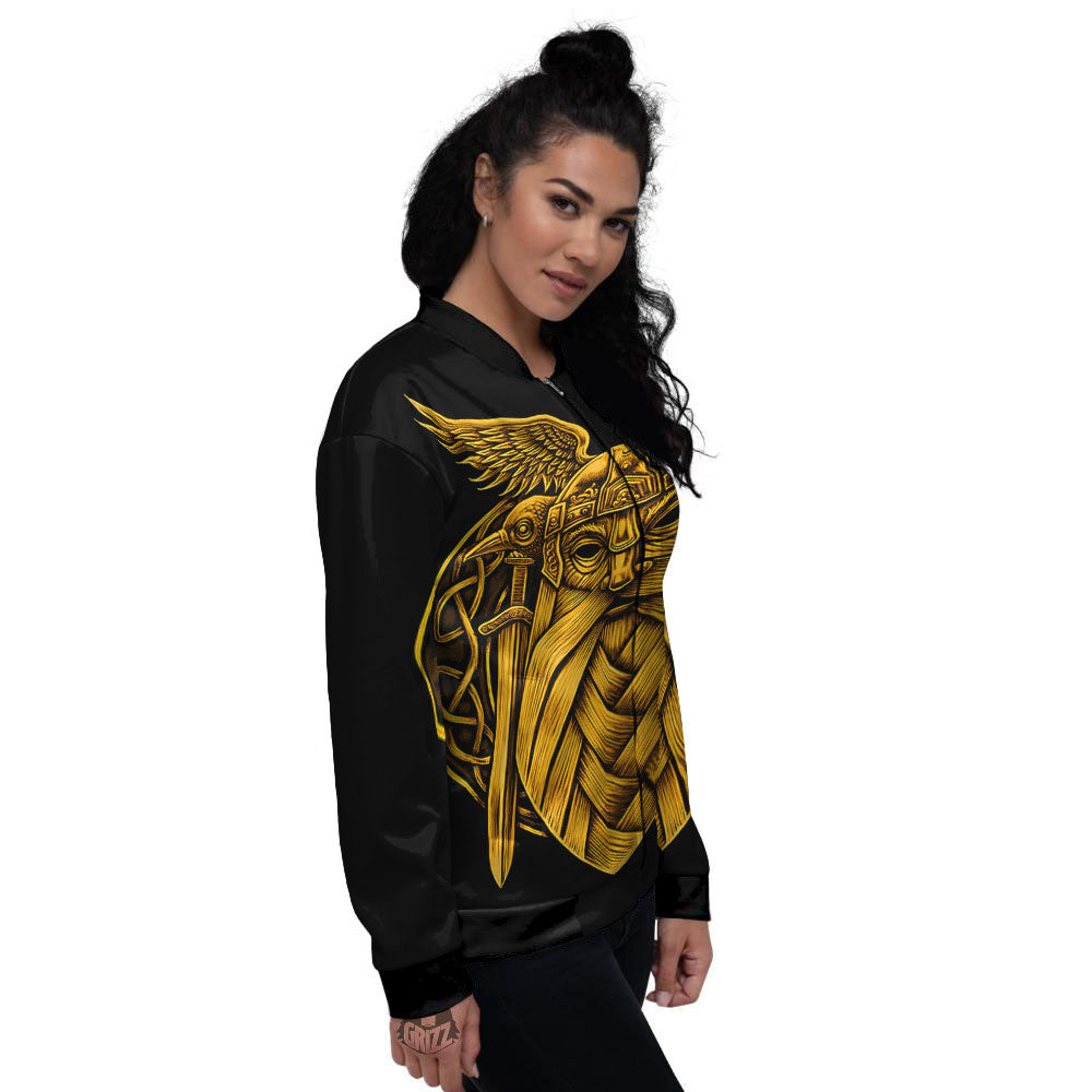 Odin God And Crow Gold Viking Print Women's Bomber Jacket-grizzshop