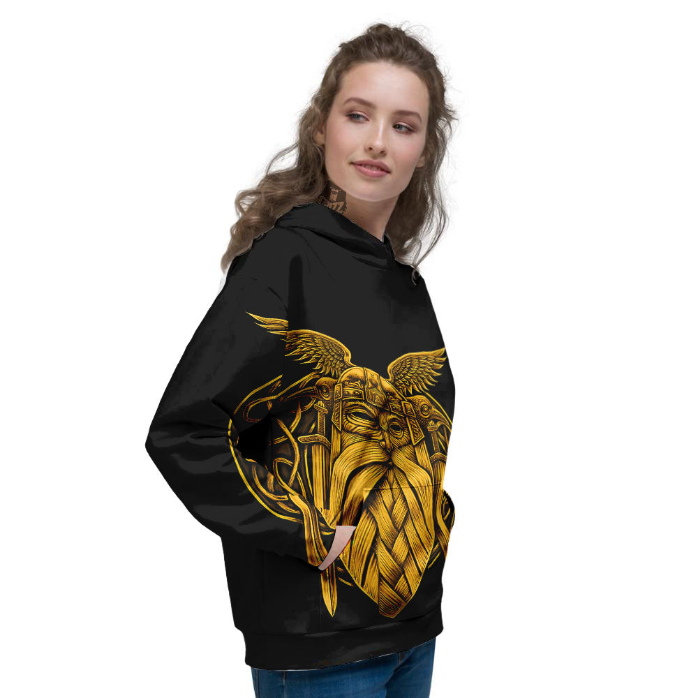 Odin God And Crow Gold Viking Print Women's Hoodie-grizzshop