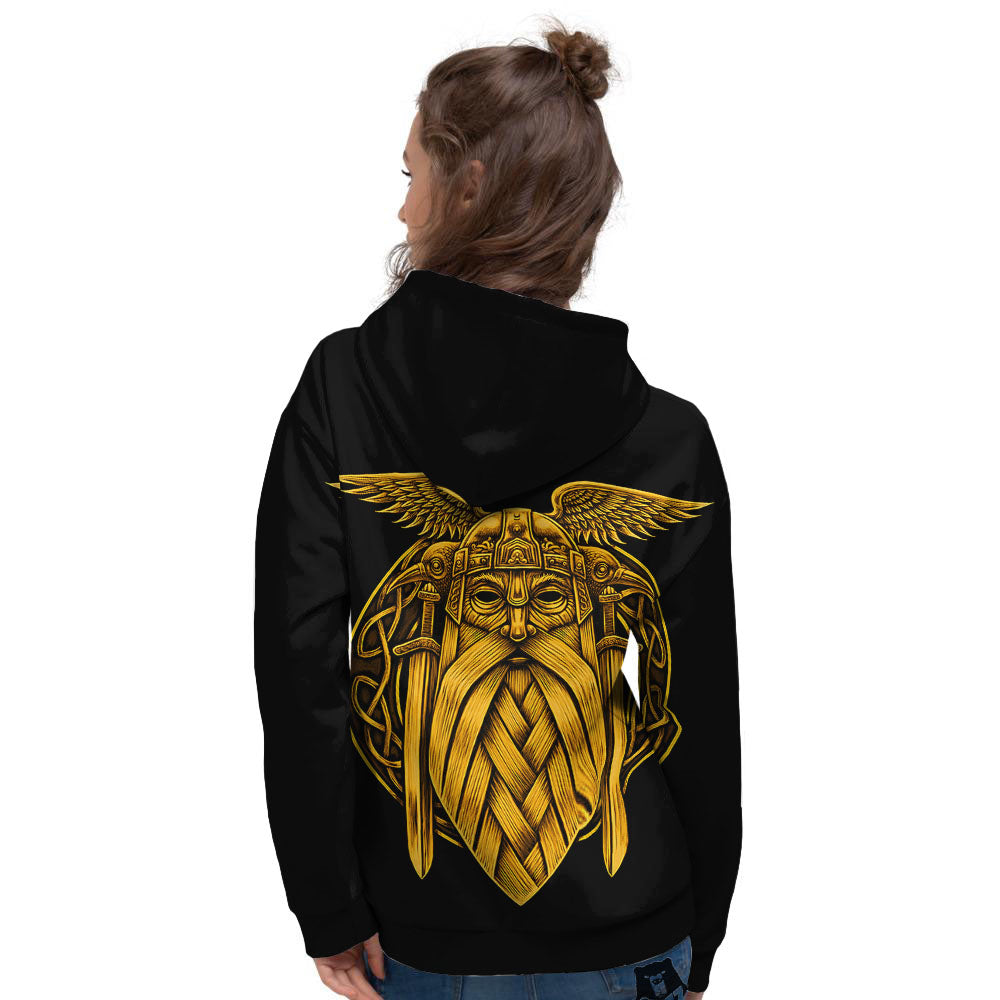 Odin God And Crow Gold Viking Print Women's Hoodie-grizzshop