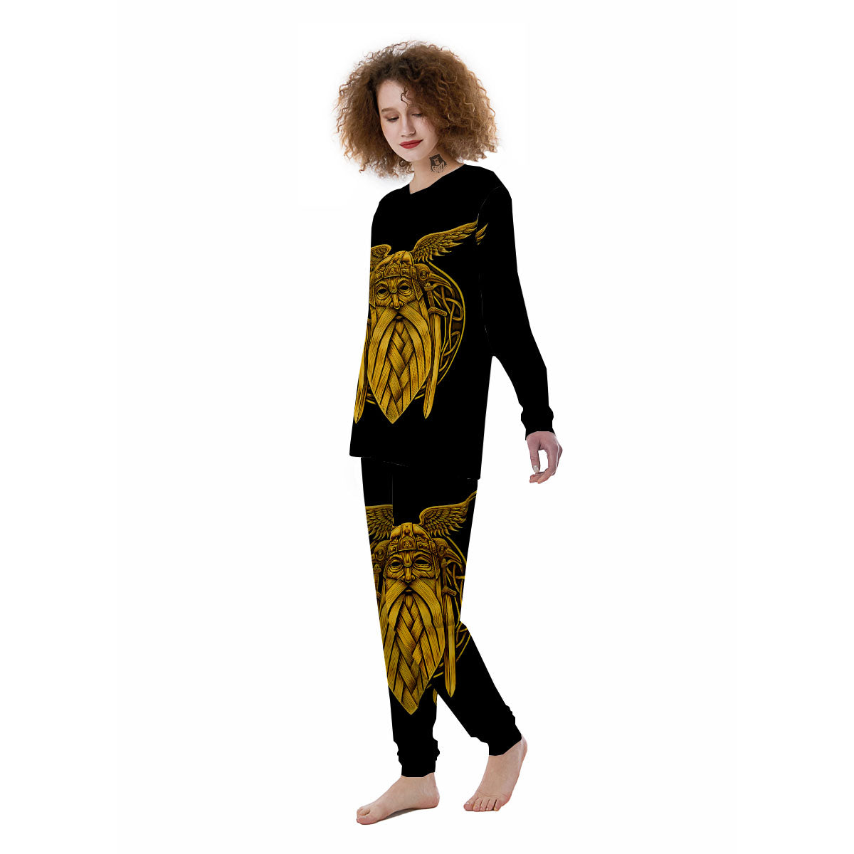 Odin God And Crow Gold Viking Print Women's Pajamas-grizzshop