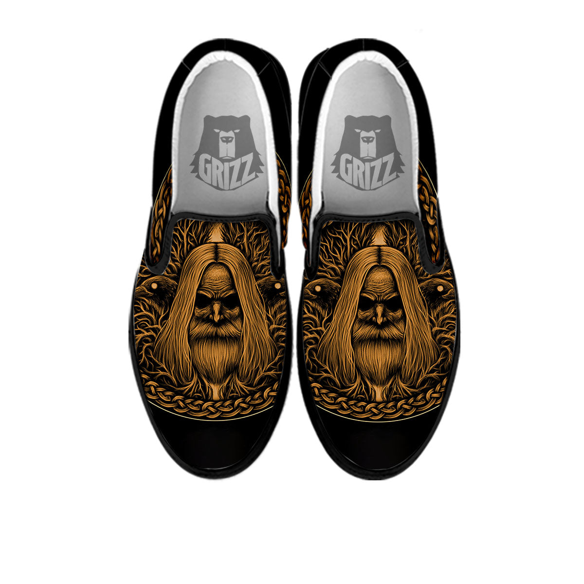 Odin Gold With Muninn And Huginn Print Black Slip On Shoes-grizzshop