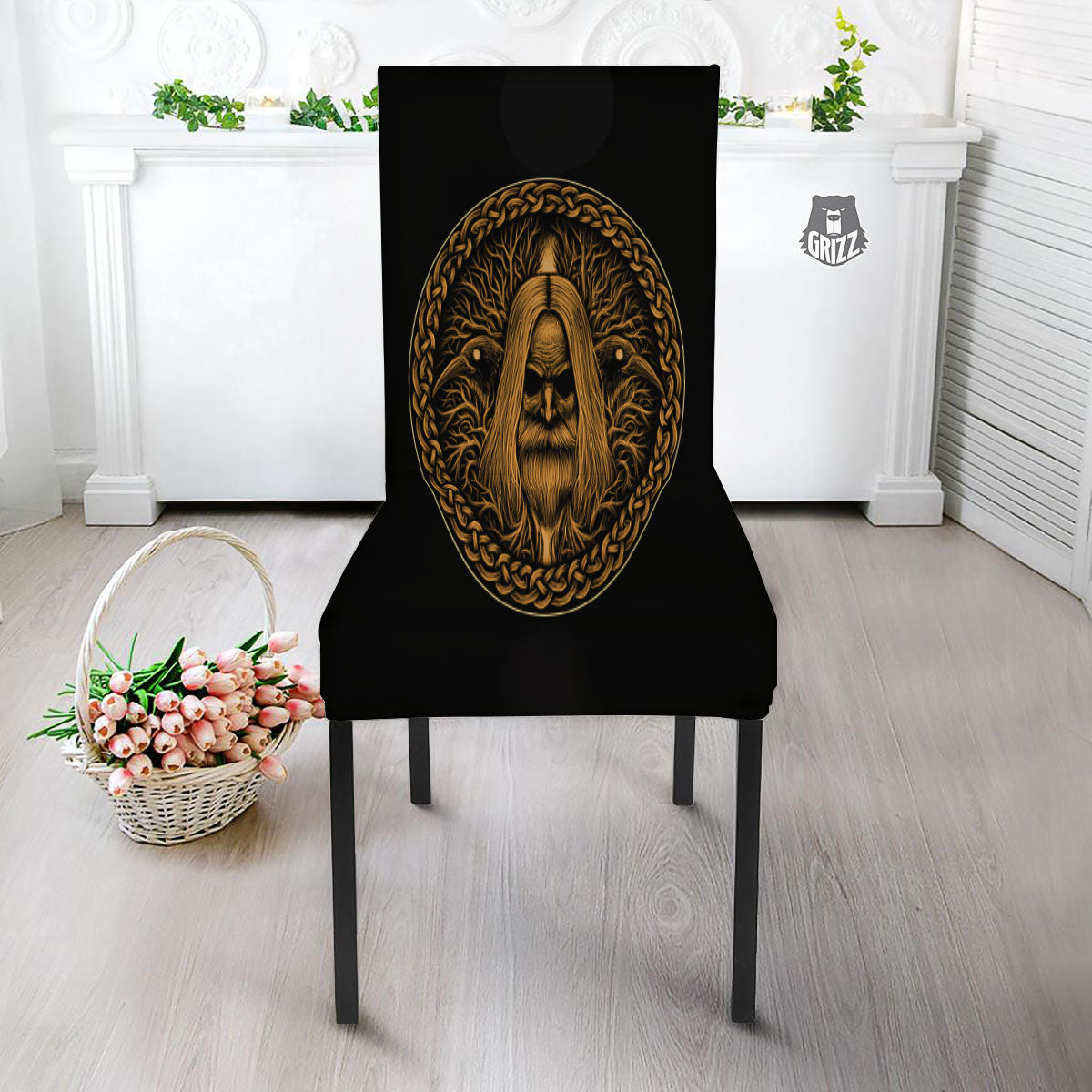 Odin Gold With Muninn And Huginn Print Dining Chair Slipcover-grizzshop