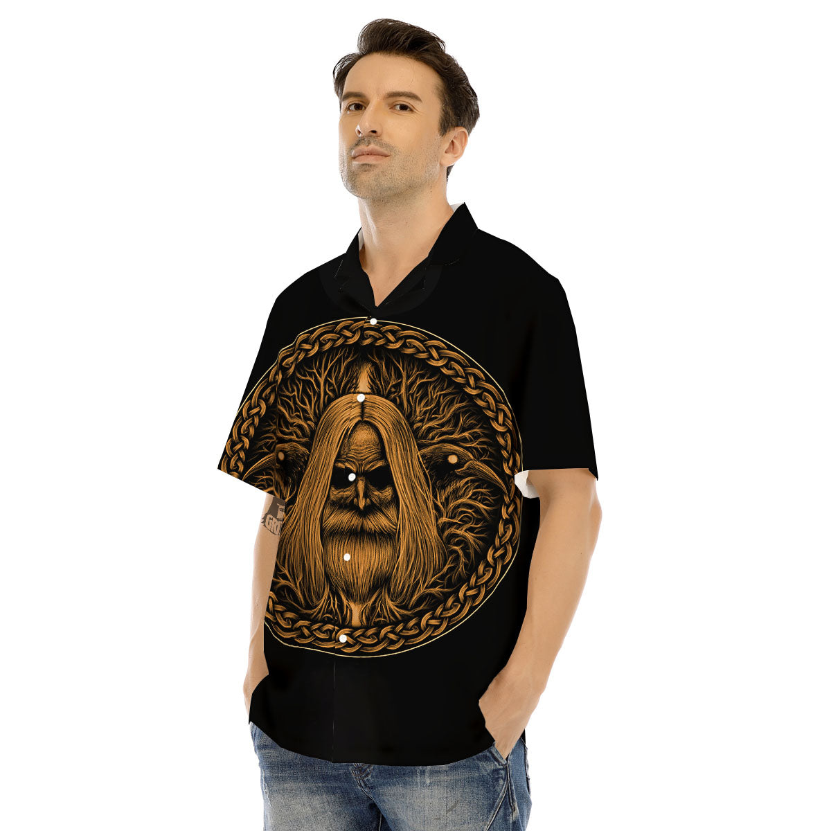 Odin Gold With Muninn And Huginn Print Men's Hawaiian Shirt-grizzshop