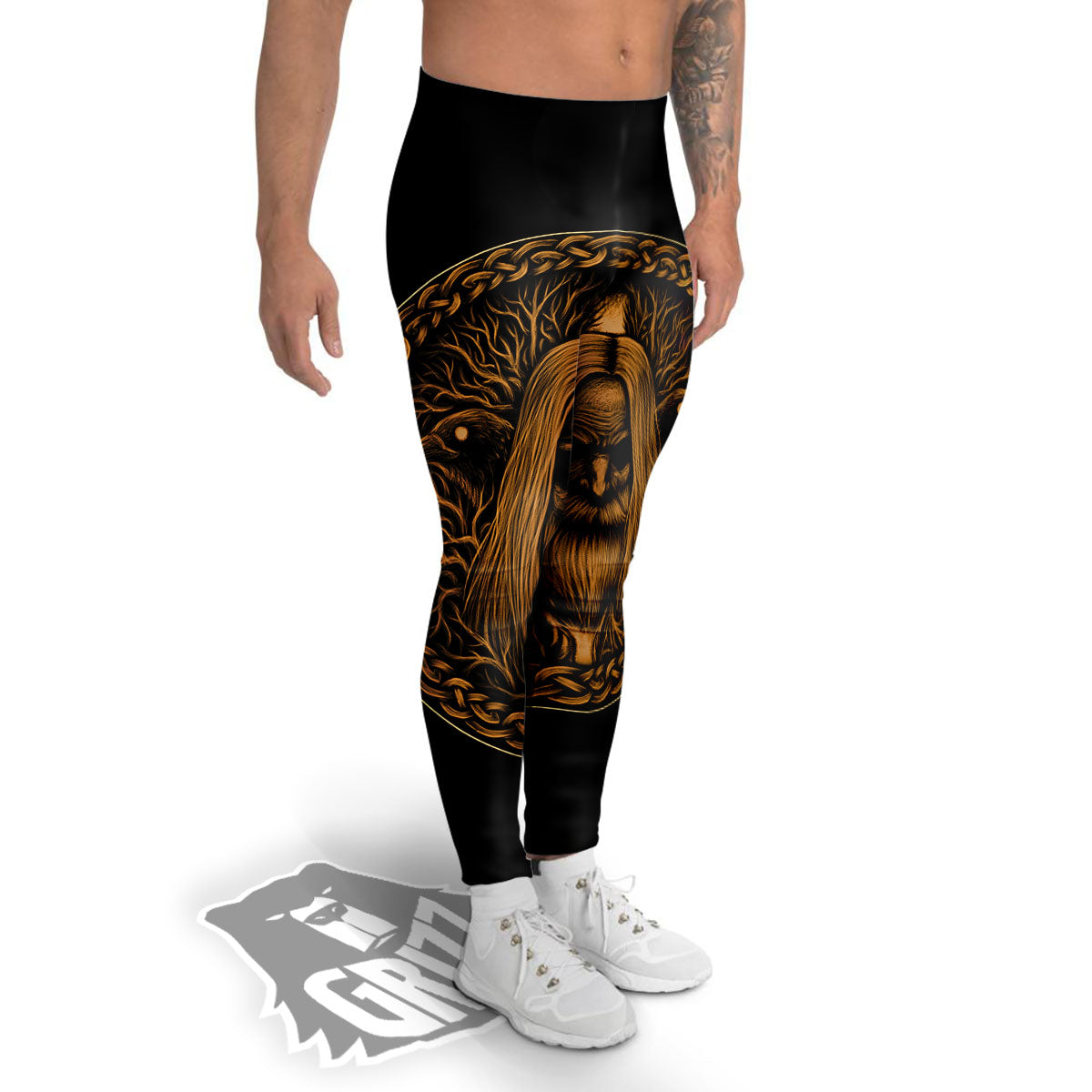 Odin Gold With Muninn And Huginn Print Men's Leggings-grizzshop