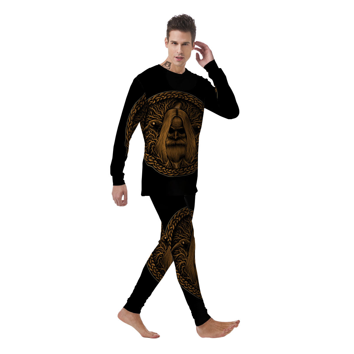 Odin Gold With Muninn And Huginn Print Men's Pajamas-grizzshop