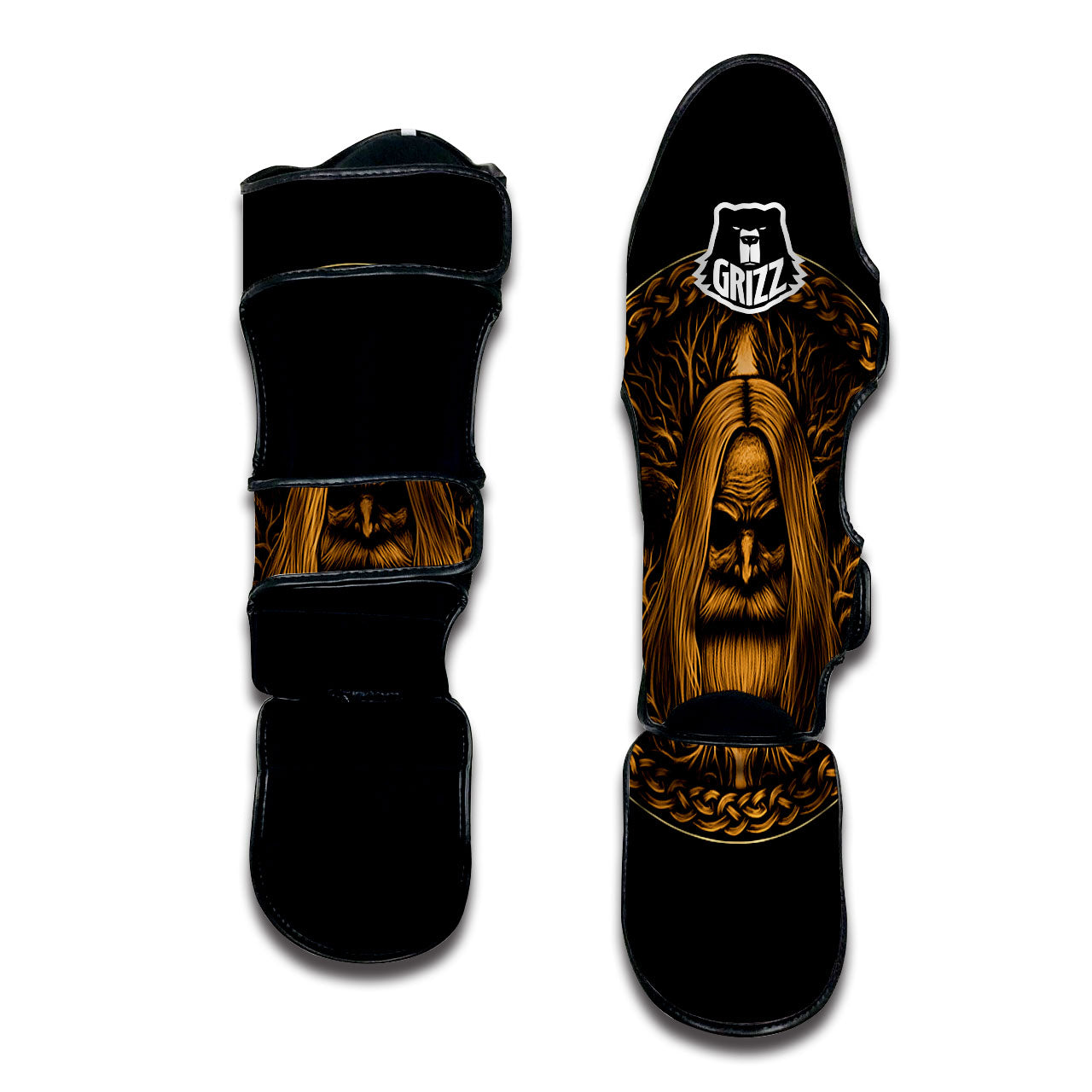 Odin Gold With Muninn And Huginn Print Muay Thai Shin Guards-grizzshop