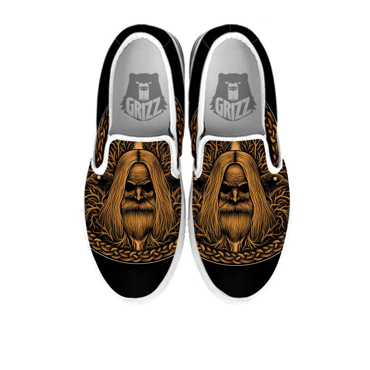 Odin Gold With Muninn And Huginn Print White Slip On Shoes-grizzshop