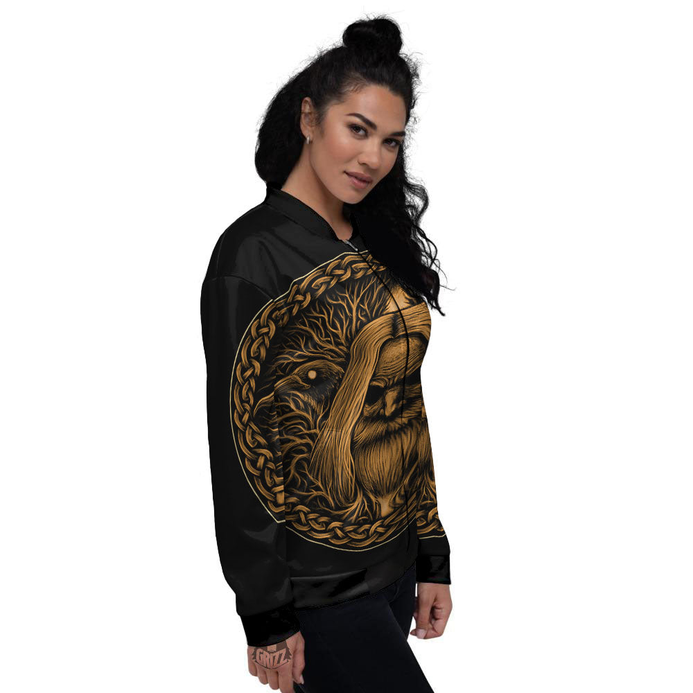 Odin Gold With Muninn And Huginn Print Women's Bomber Jacket-grizzshop