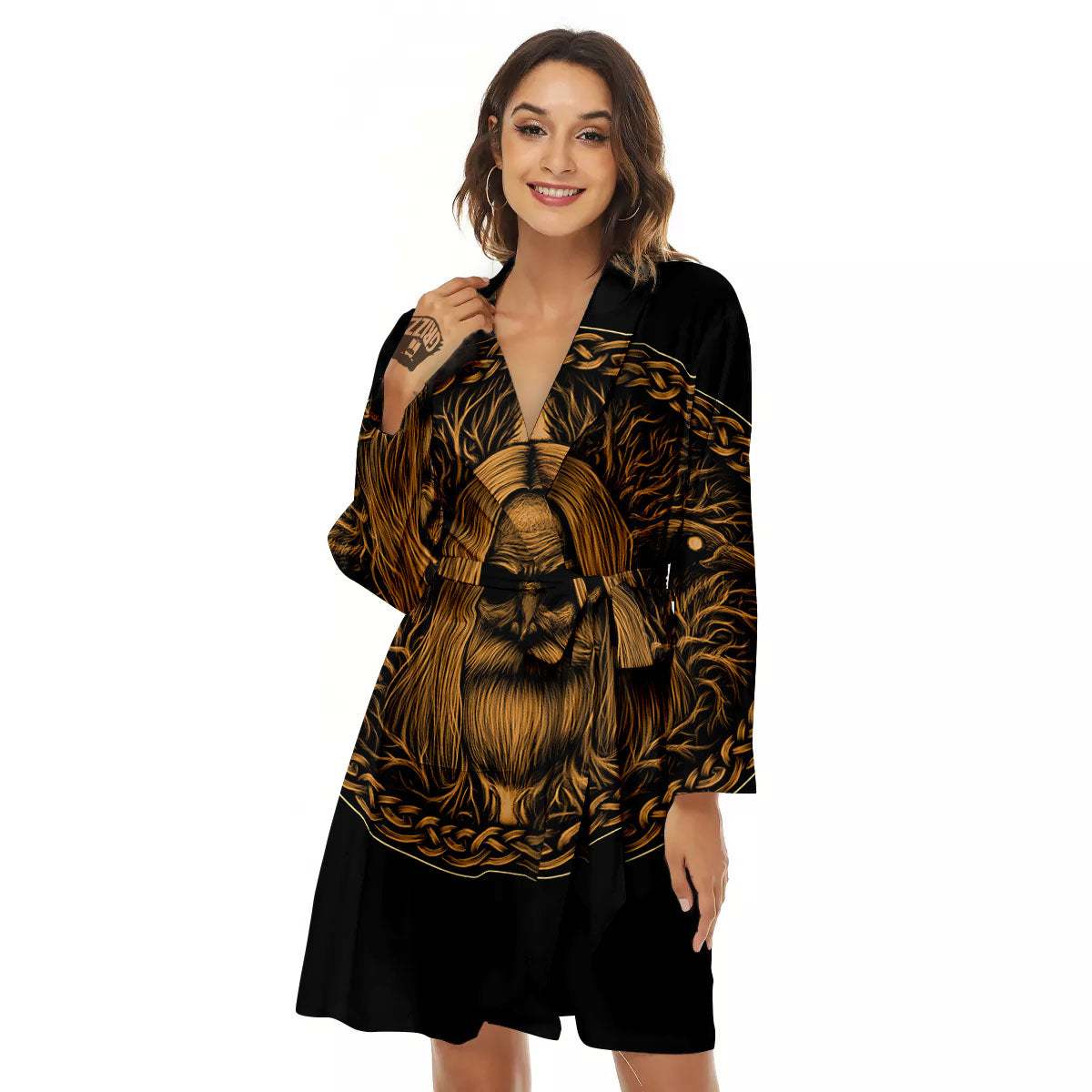 Odin Gold With Muninn And Huginn Print Women's Robe-grizzshop