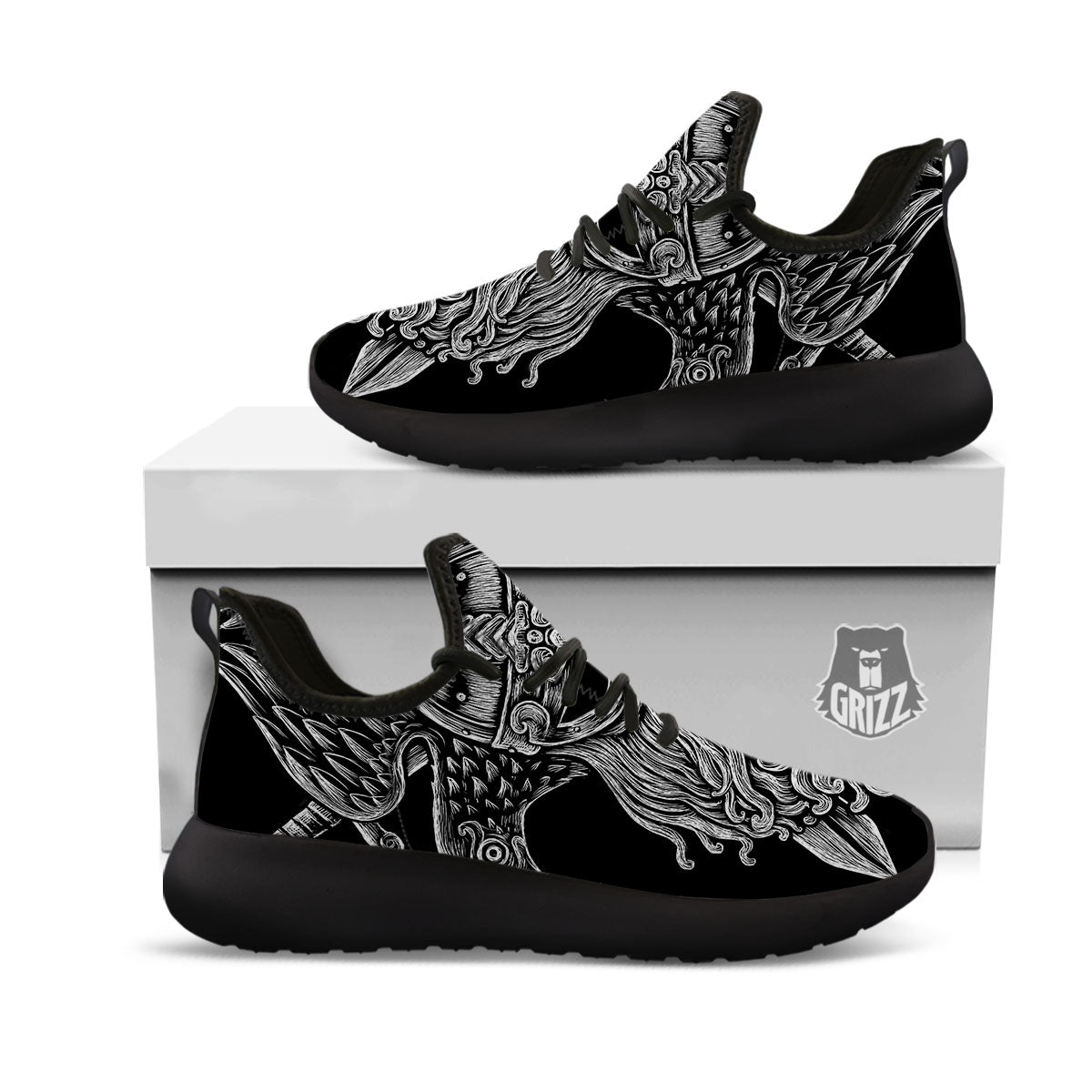 Odin With Crows White And Black Print Black Athletic Shoes-grizzshop