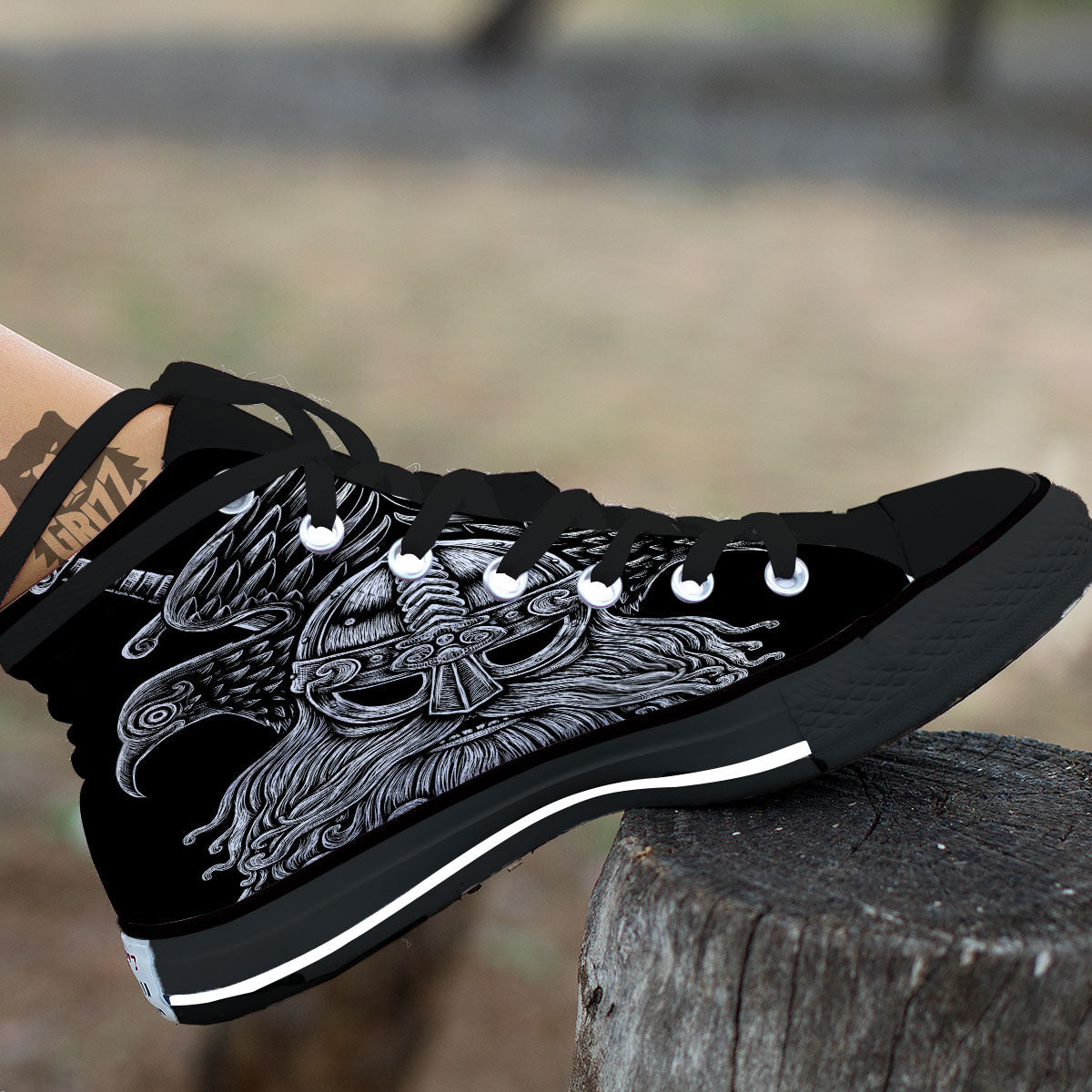 Odin With Crows White And Black Print Black High Top Shoes-grizzshop