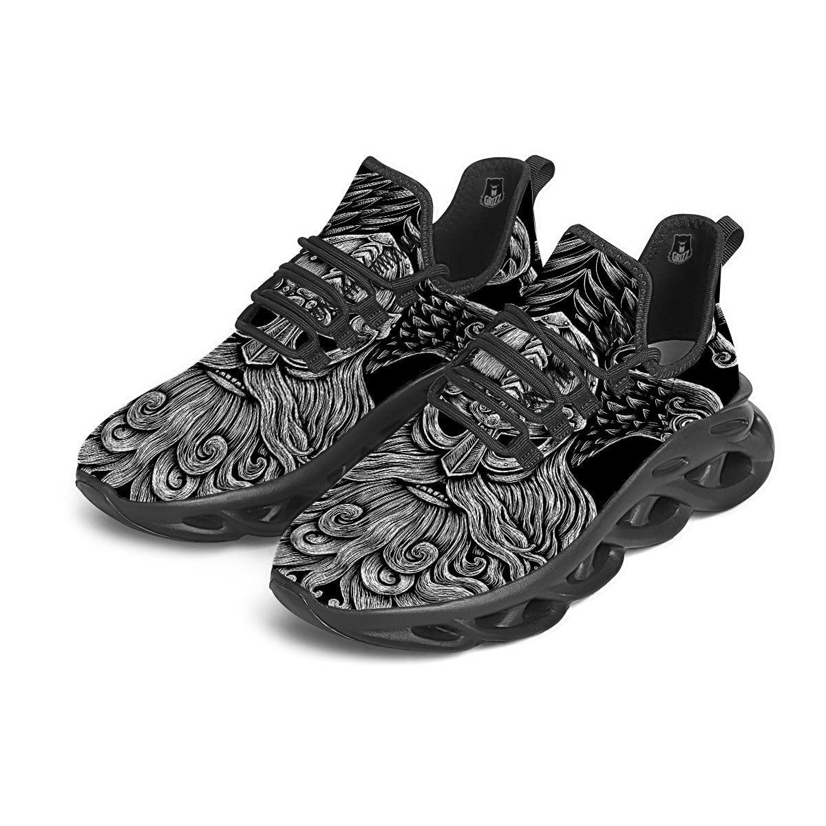 Odin With Crows White And Black Print Black Running Shoes-grizzshop