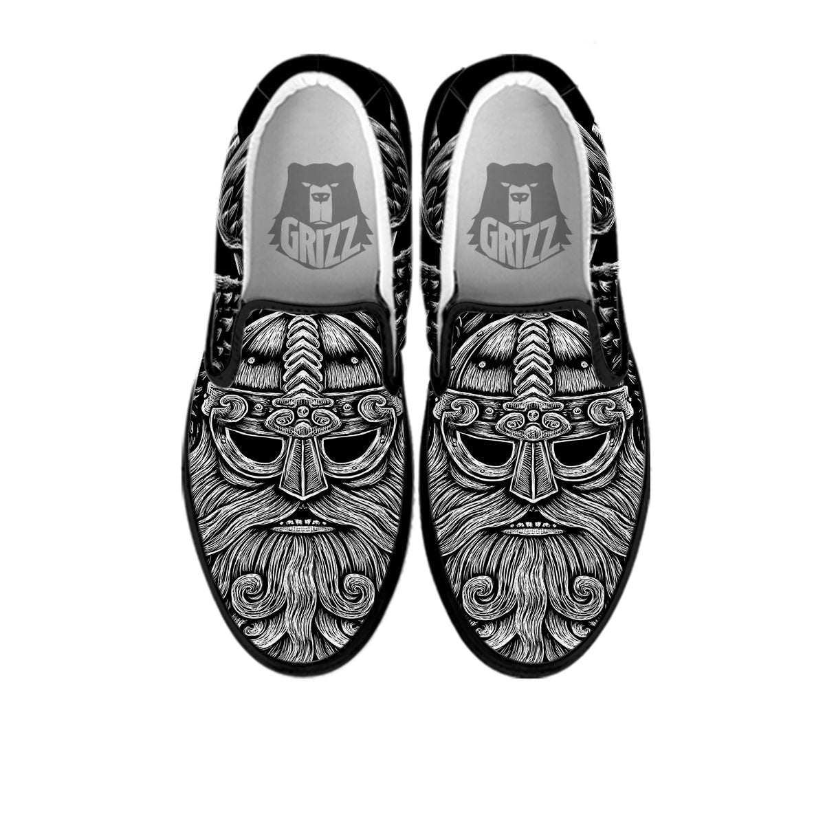 Odin With Crows White And Black Print Black Slip On Shoes-grizzshop