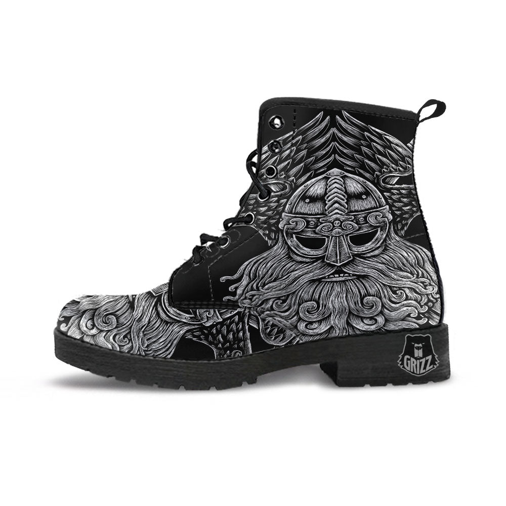 Odin With Crows White And Black Print Leather Boots-grizzshop