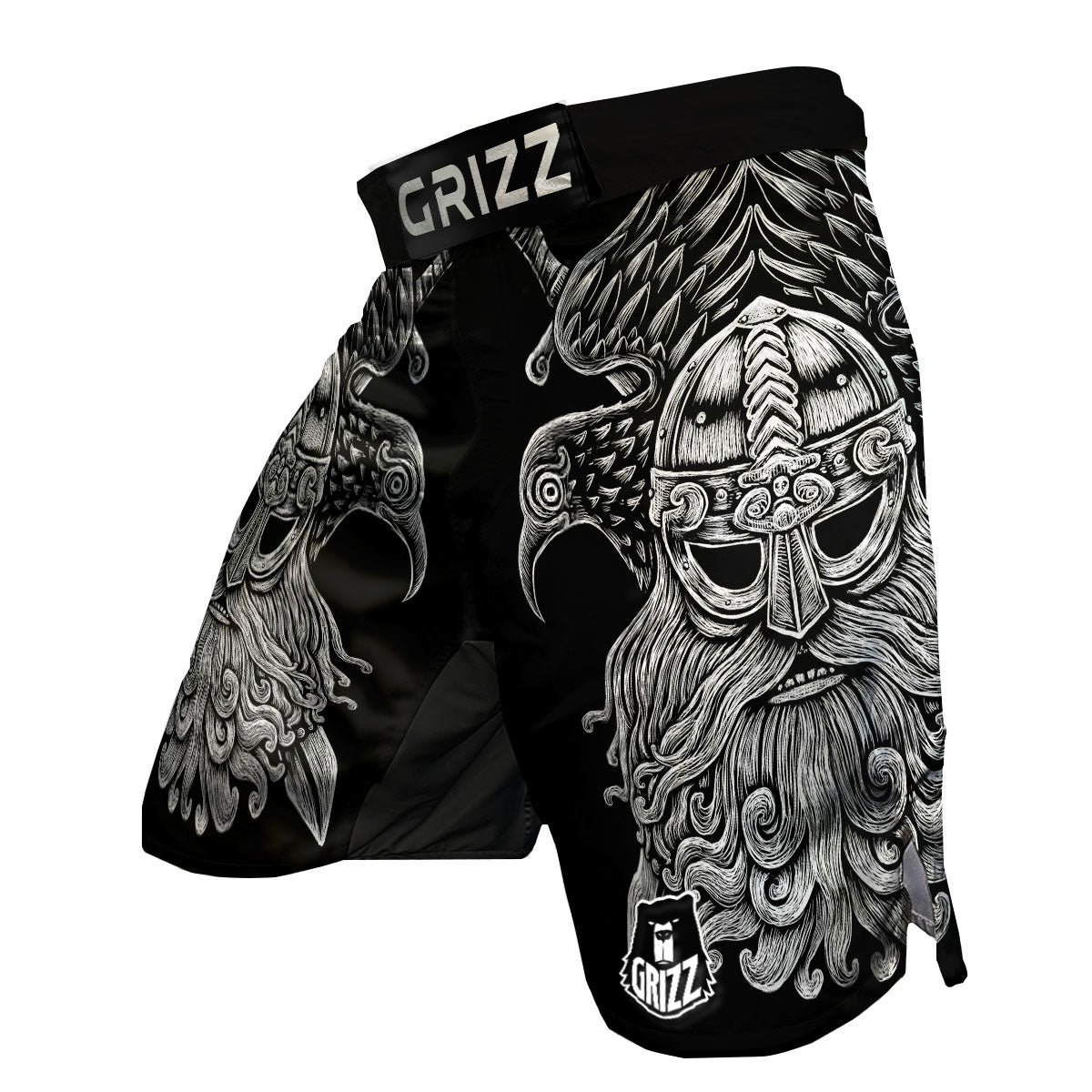 Odin With Crows White And Black Print MMA Shorts-grizzshop