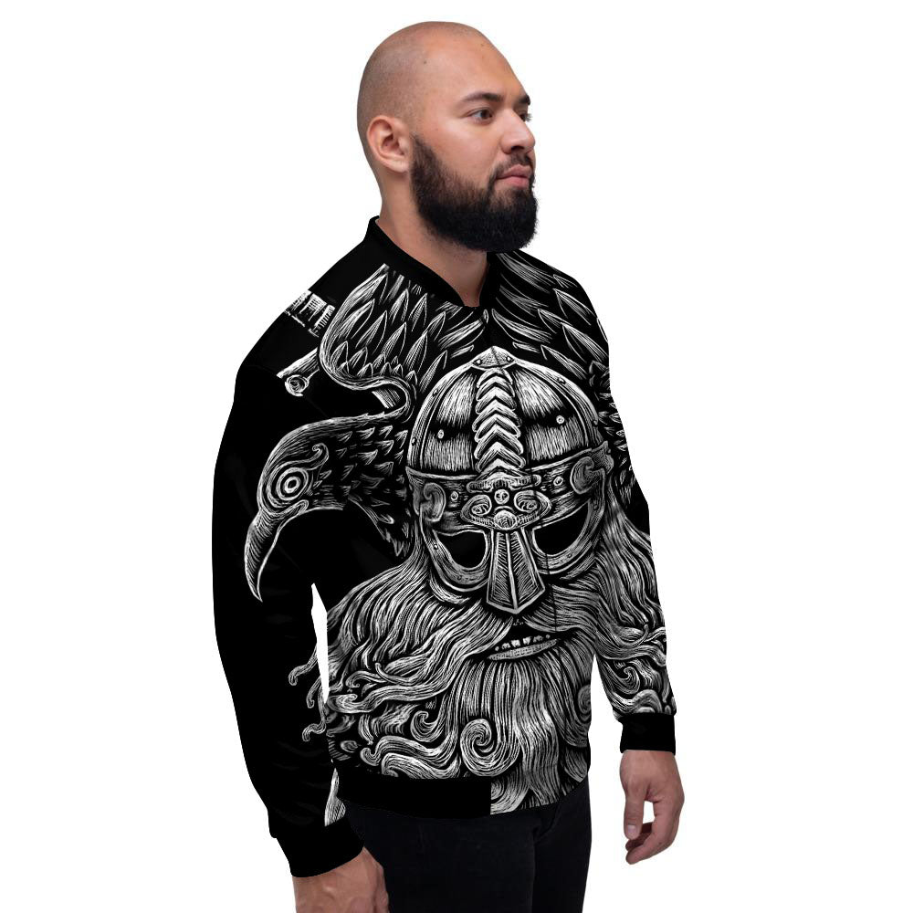 Odin With Crows White And Black Print Men's Bomber Jacket-grizzshop