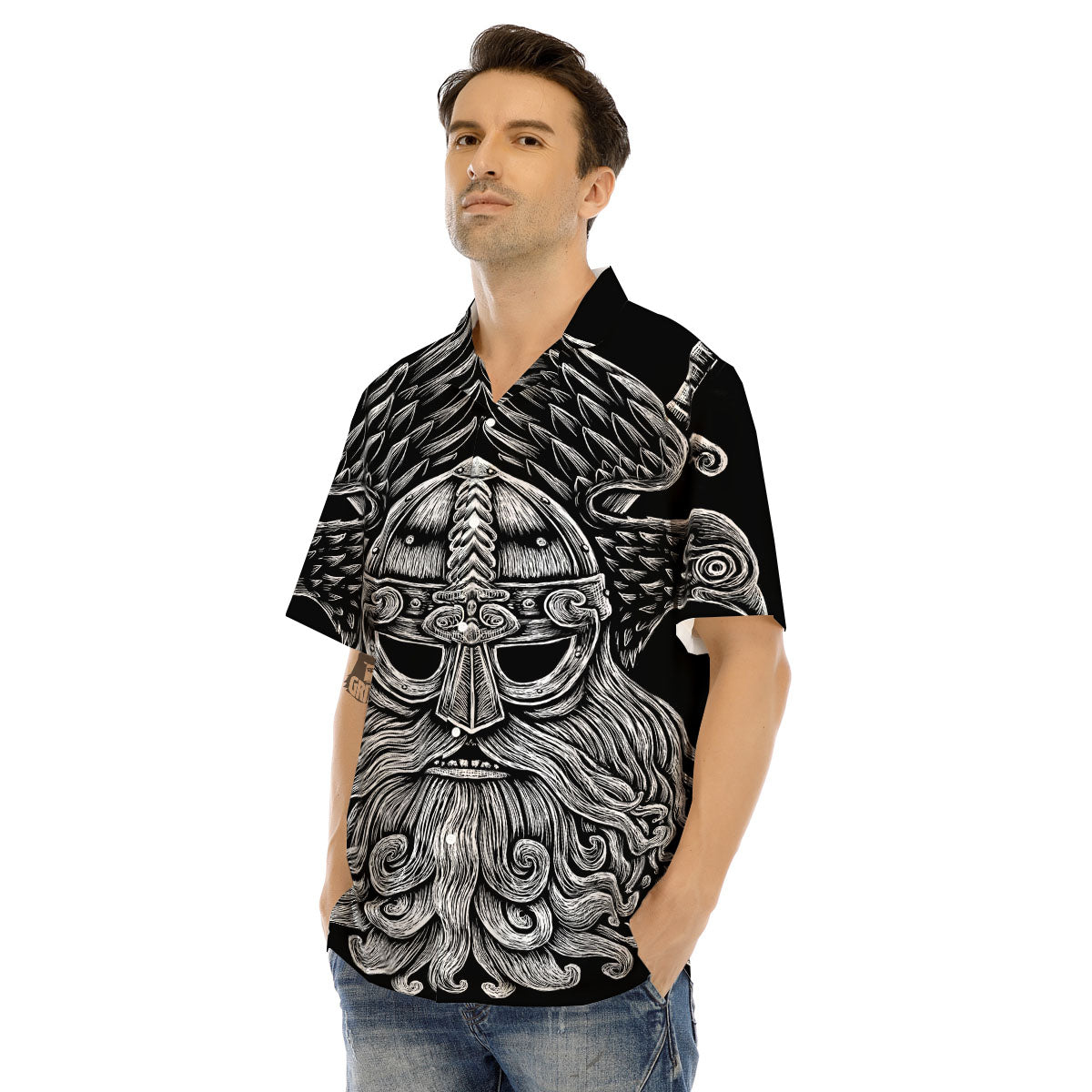 Odin With Crows White And Black Print Men's Hawaiian Shirt-grizzshop