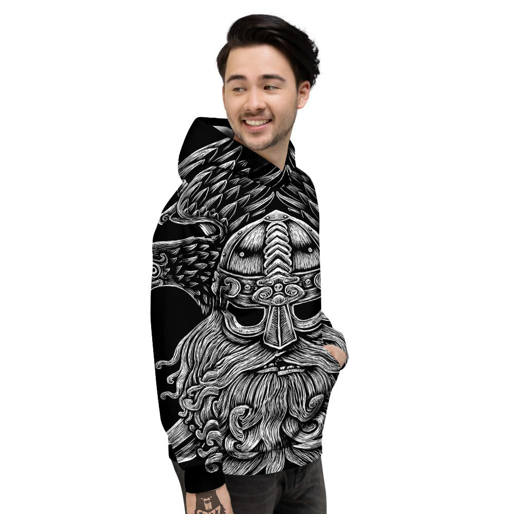 Odin With Crows White And Black Print Men's Hoodie-grizzshop