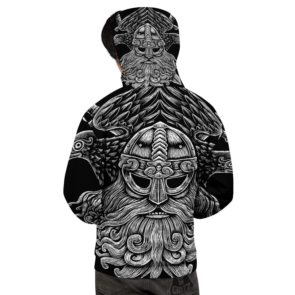 Odin With Crows White And Black Print Men's Hoodie-grizzshop