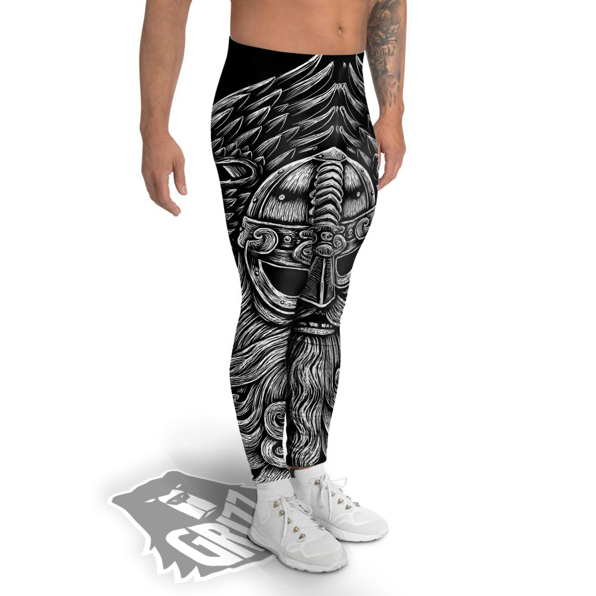 Odin With Crows White And Black Print Men's Leggings-grizzshop