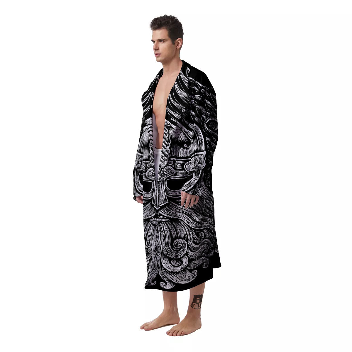 Odin With Crows White And Black Print Men's Robe-grizzshop