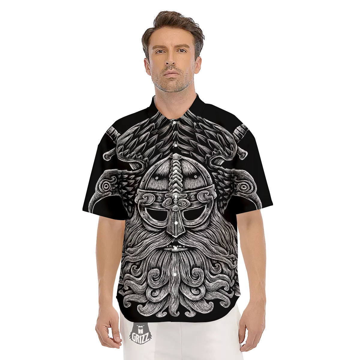 Odin With Crows White And Black Print Men's Short Sleeve Shirts-grizzshop