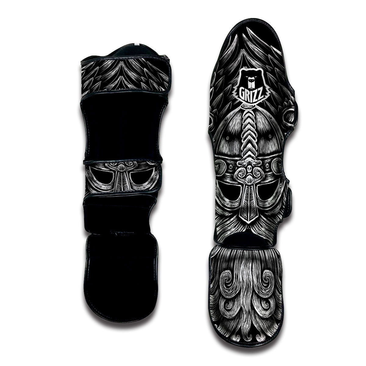 Odin With Crows White And Black Print Muay Thai Shin Guards-grizzshop