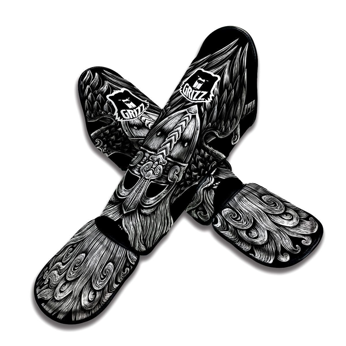 Odin With Crows White And Black Print Muay Thai Shin Guards-grizzshop