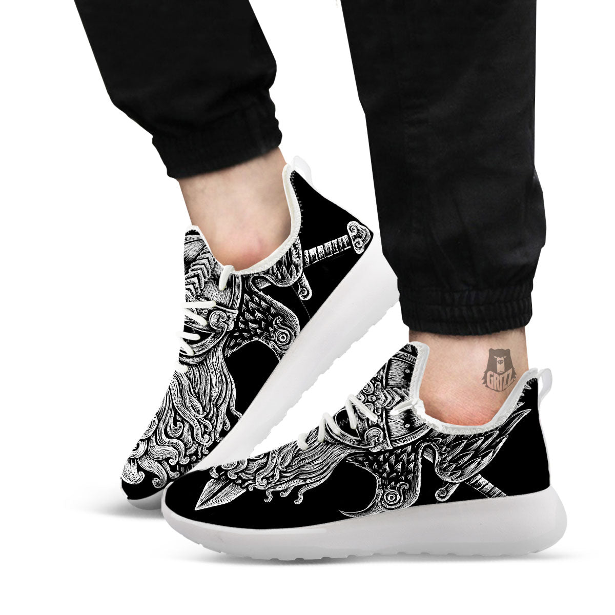 Odin With Crows White And Black Print White Athletic Shoes-grizzshop
